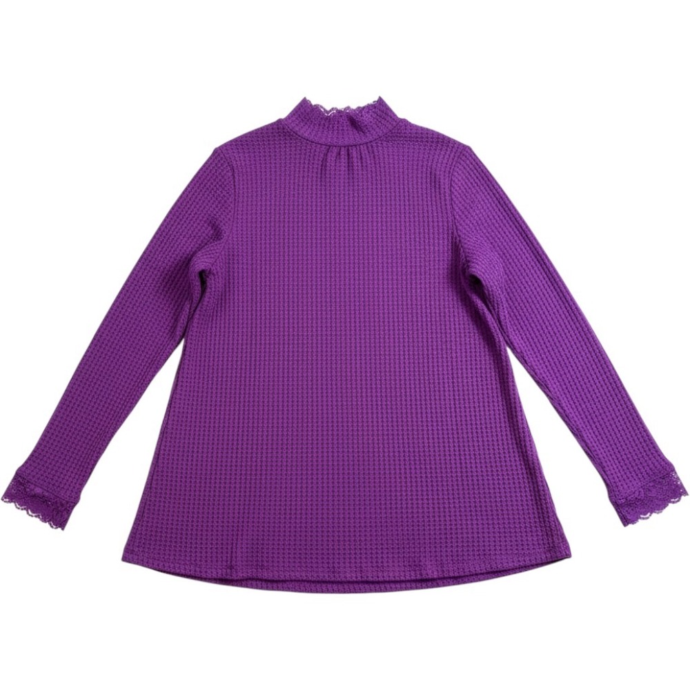 LOGO Lori Goldstein Purple Waffle Knit Mock Neck Lace Trim Pockets Top Small NEW
